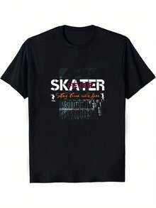 Camiseta Gráfica Negra para Hombre "Skater Fever" - Camiseta de Streetwear 100% Algodón con Atrevidas Letras "SKATER" en Blanco y Naranja, Diseño de Skateboarding, Cuello Redondo, Corte Casual para Moda Urbana y Cultura del Skate - Transpirable y Cómoda para Uso en Todas las Temporadas - Ideal para Skaters - Negro - Ver 6
