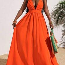 Slayr Women's Sexy Solid Orange Deep V-Neck Backless Cross Tied Long Dress, Summer Vacation - Naranja - Ver 1