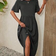 Polka Dot Print Smock Dress Maxi Women Outfit - Blanco - Ver 6