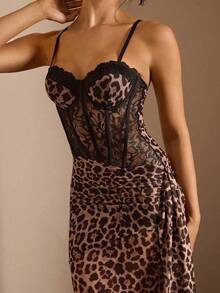 Charm Vestido largo elegante y sexy para mujer con detalles de encaje, estampado de leopardo, asimétrico en la cintura, transparente, con efecto de espina de pescado y un solo tirante - Multicolor 2 - Ver 7