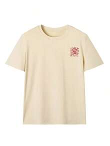 Camiseta de manga corta para mujer, nueva de verano, informal, con estampado floral y de letras, holgada, versátil, de cuello redondo, color gris oscuro, para uso diario y vacaciones. - Albaricoque - Ver 3