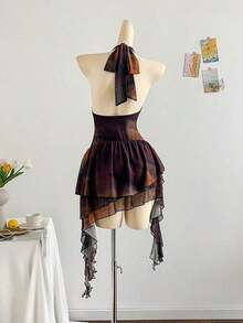 Vestido azul impreso de malla de punto con escote de halter romántico de vacaciones para mujeres - Marrón 2 - Ver 2