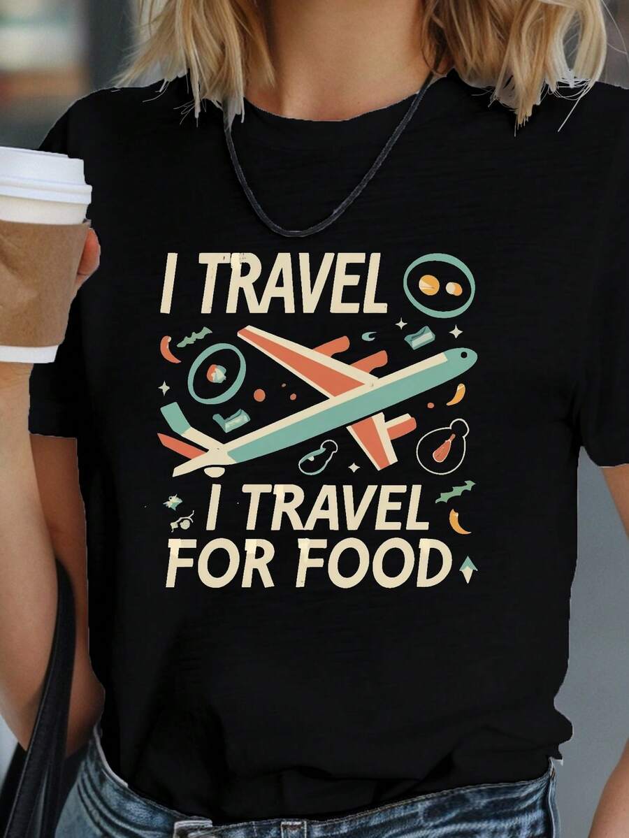 Viajo por la comida camiseta cómoda para mujer - Negro - Ver 1