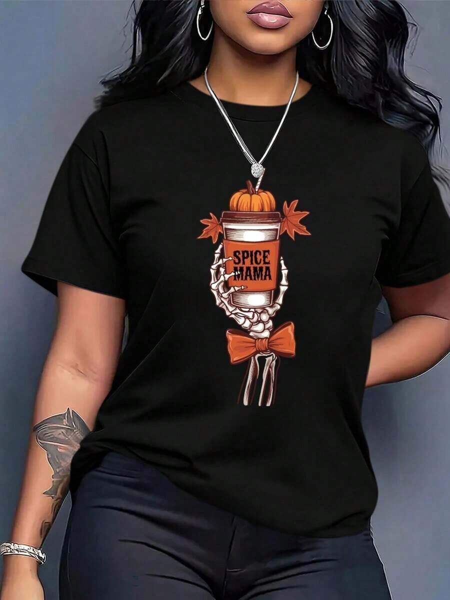 ComfortableRopa de mujer de talla grande, camiseta blanca holgada para mujer - top de estilo casual con estampado de chiles y momias, diseño de moda bohemia, adecuada para uso diario y disfr - Negro - Ver 1