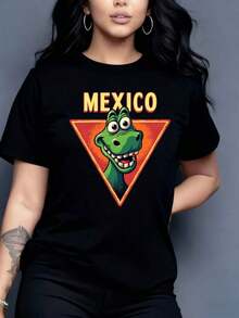 Cómoda Camiseta Negra para Mujer con Estampado de Cocodrilo de Dibujos Animados de México, Ropa Casual para Viajes y Uso Diario, Camiseta Holgada y Versátil de Manga Corta para Mujer - Negro - Ver 3