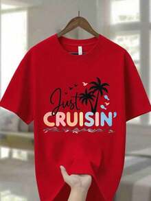 Camiseta de Cuello Redondo para Hombre, 100% Algodón, Azul Marino, con un Patrón de Letras Cursivas y Coloridas que dice "Just CRUISIN'", Ondas de Agua Blancas, Palmeras y Pájaros Coloridos – Un Regalo Ideal para Hombres en Acción de Gracias y Navidad, Adecuada para Uso Casual de Verano, Transpirable y Apta para Uso Interior y Exterior. Conjuntos de Verano 2026 para Mujer, Ropa Urbana para Mujer, Ropa Caprichosa Adecuada para primavera, verano y otoño - Rojo - Ver 1