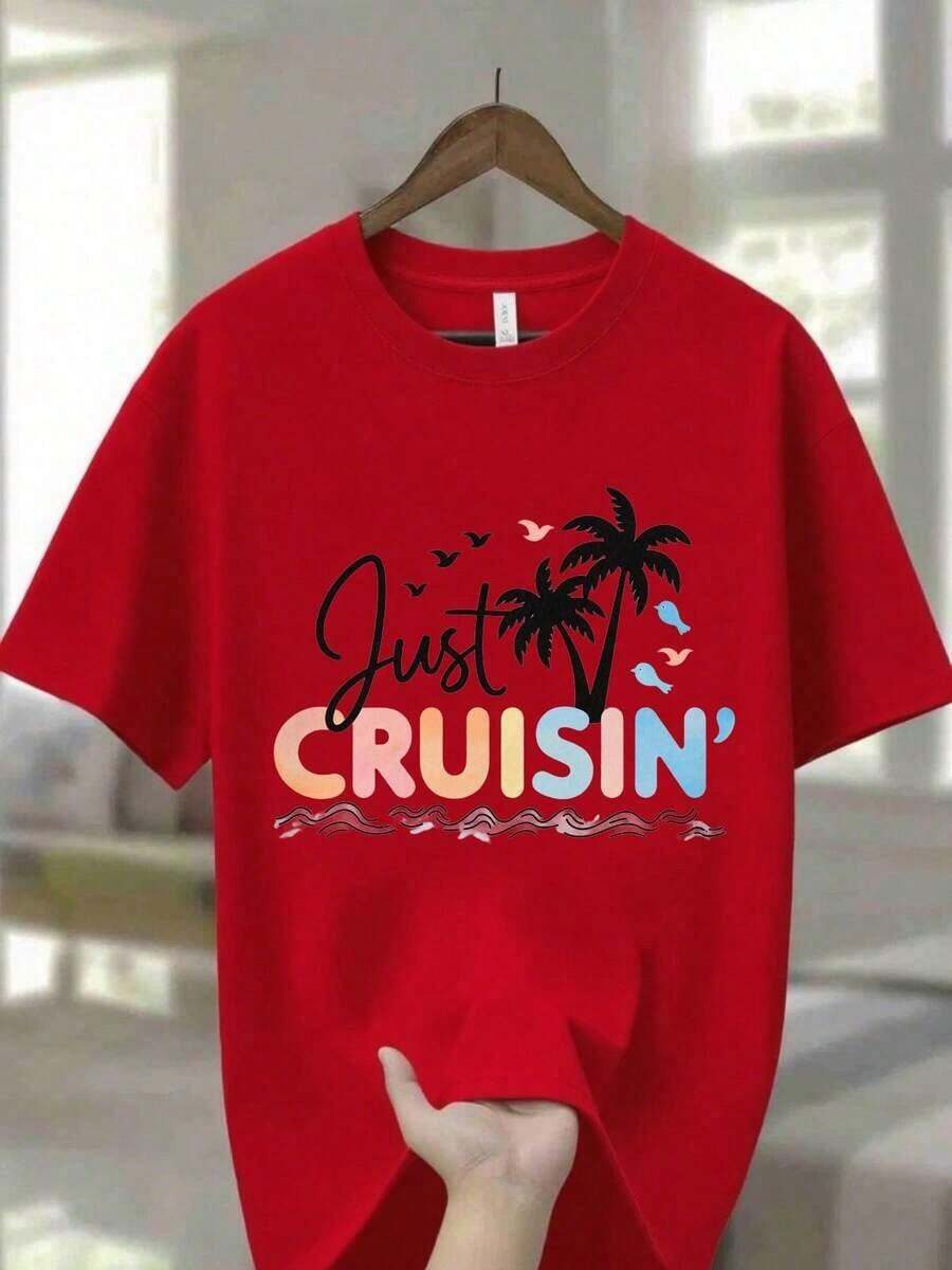 Camiseta de Cuello Redondo para Hombre, 100% Algodón, Azul Marino, con un Patrón de Letras Cursivas y Coloridas que dice "Just CRUISIN'", Ondas de Agua Blancas, Palmeras y Pájaros Coloridos – Un Regalo Ideal para Hombres en Acción de Gracias y Navidad, Adecuada para Uso Casual de Verano, Transpirable y Apta para Uso Interior y Exterior. Conjuntos de Verano 2026 para Mujer, Ropa Urbana para Mujer, Ropa Caprichosa Adecuada para primavera, verano y otoño - Rojo - Ver 1