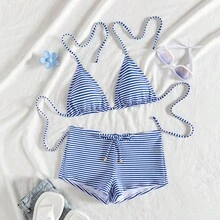 wohenmeili Bộ bikini họa tiết kẻ caro, cổ yếm xoắn trước, phong cách Bohemian, co giãn, họa tiết, mùa hè - Sọc xanh đậm và trắng - Xem 4