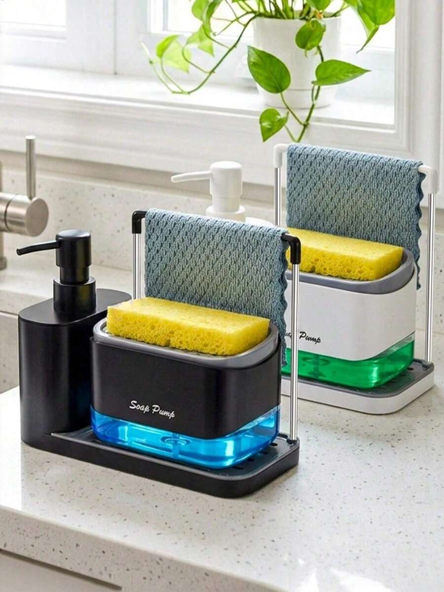 五合一厨房水槽收纳套装：皂液器、洗洁精器、带托盘的洗手液器、双皂液瓶、海绵架和碗碟沥水架、皂碟 - 实用厨房配件（不含毛巾）