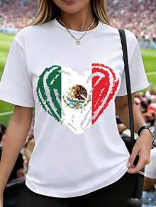 Camiseta de mujer de manga corta, estampado de corazón con bandera, diseño tricolor verde, blanco y rojo, cuello redondo casual - Blanco - Ver 1