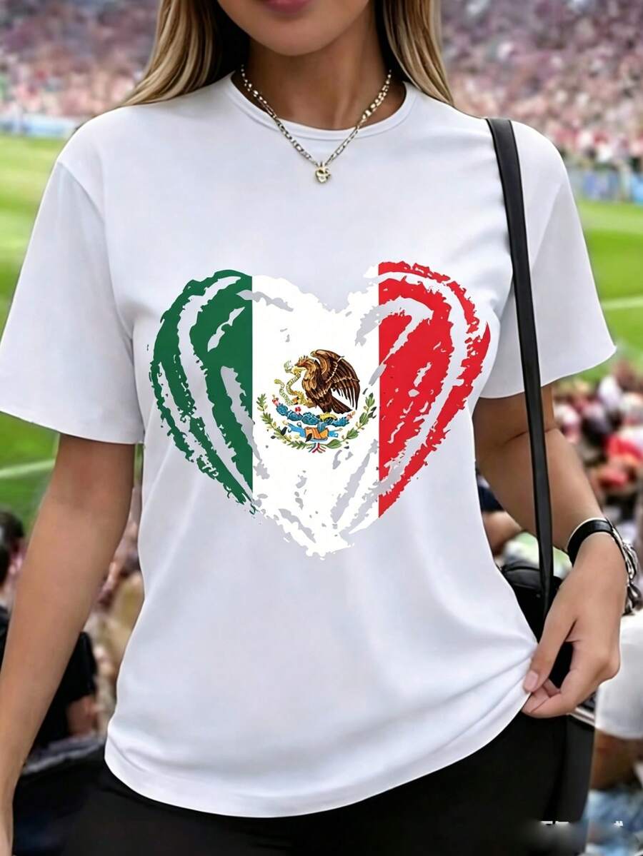 Camiseta de mujer de manga corta, estampado de corazón con bandera, diseño tricolor verde, blanco y rojo, cuello redondo casual - Blanco - Ver 1