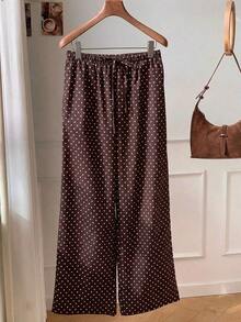 Pantalones casuales anchos con cintura de corbata y estampado de lunares para mujer - Marrón - Ver 3