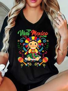 Women's Viva Mexico Graphic Tee - Vibrant Folk Art Design With Colorful Doll And Traditional Mexican Patterns, Loose Oversized Fit, 95% Polyester + 5% Spandex, Perfect For Summer Casual Wear | Vibrant Graphic Tee | Comfortable Fit - 黑色 - 查看 8