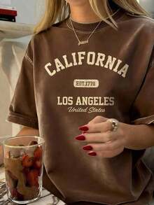 Women's Vintage Graphic T-Shirt With California Los Angeles Design - Casual Crew Neck, Short Sleeve, Cotton, Machine Washable, EST 1776 Print2025 - 棕色 - 查看 2