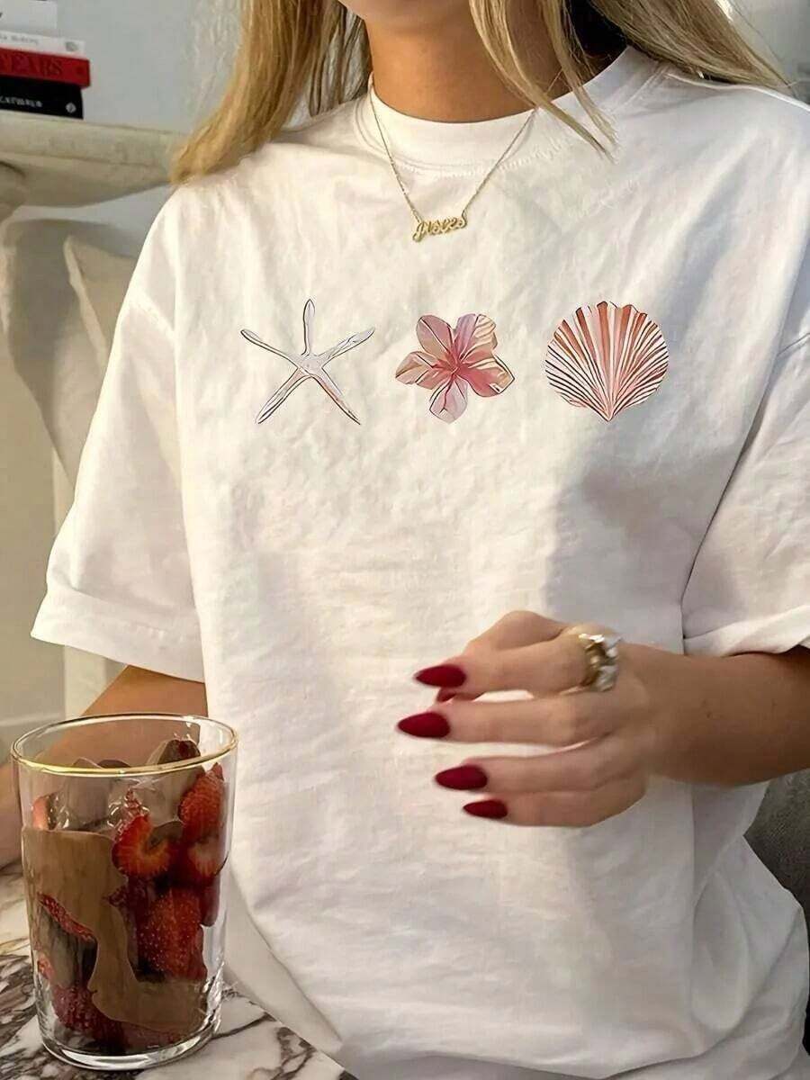 KoreanGraphicCamiseta de mujer con estampado de estrellas de mar y estilo Y2K, de manga corta, ideal para el veranoSummer Top - Blanco - Ver 1