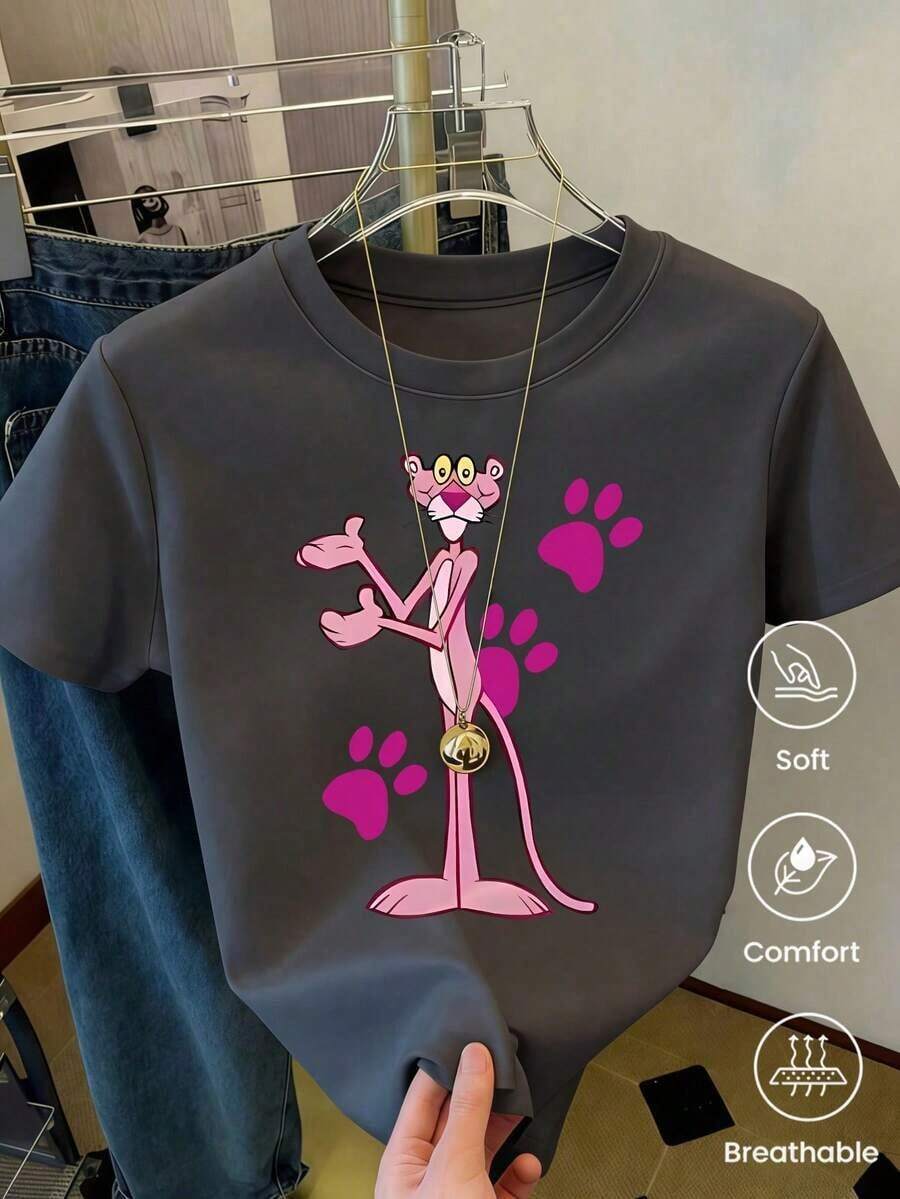 Free Shipping, Local Delivery In Mexico, 4-Day Delivery. Modern Short-Sleeved Crew Neck T-Shirt, Made In Mexico, For The Spring/Summer 2025 Season. Featuring A Cartoon Print, A Matching Set, Suitable For Both Tucking In And Wearing Out, For Office And Casual Wear, Designed For Men And Women, Sold Individually. - 深灰色 - 查看 1