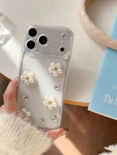 Transparent Epoxy 3D Pearl Flower Compatible With Apple 17promax Phone Case Phone 16pro New 15 Women's 14 Princess Style 13 High-End Full-Wrap Hard Case