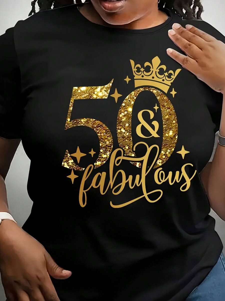 Women's Plus Size Casual Crew Neck T-Shirt With "50 & Fabulous" Print - Short Sleeve, Comfortable Cotton Blend, Ideal For Spring And Summer Celebrations - 黑色 - 查看 1