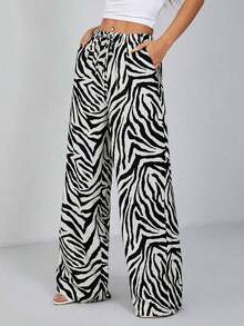 PETITE Pantalones anchos de estampado de leopardo para mujer - Negro - Ver 6