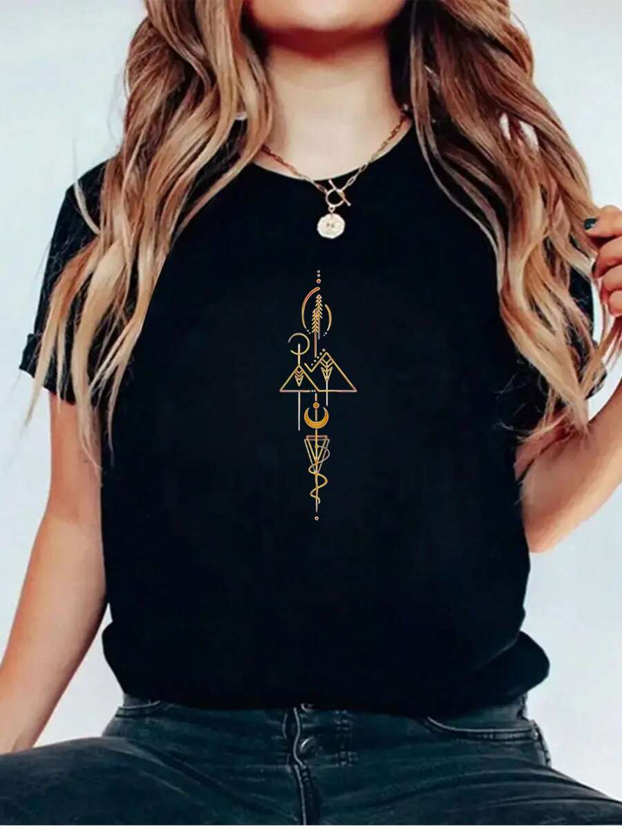 1 Women's Blouse, Beautiful Women's Blouses, Women's Clothing Sets, T-Shirt With Golden Landscape Image, 180G, Black And White, Abstract Pattern, High Quality Print On Round Neck, Basic Loose Fit For Men And Women, Breathable, Versatile, Machine Washable, Comfortable, Essential For Summer, Casual, Sporty, Daily. - 黑色 - 查看 1