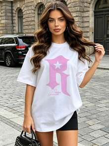 Women's Summer Casual Soft Round Neck Short Sleeve T-Shirt,The Star Letter R Print Graphic Is Suitable For Daily Wear In Spring And Summer.White - White - View 2