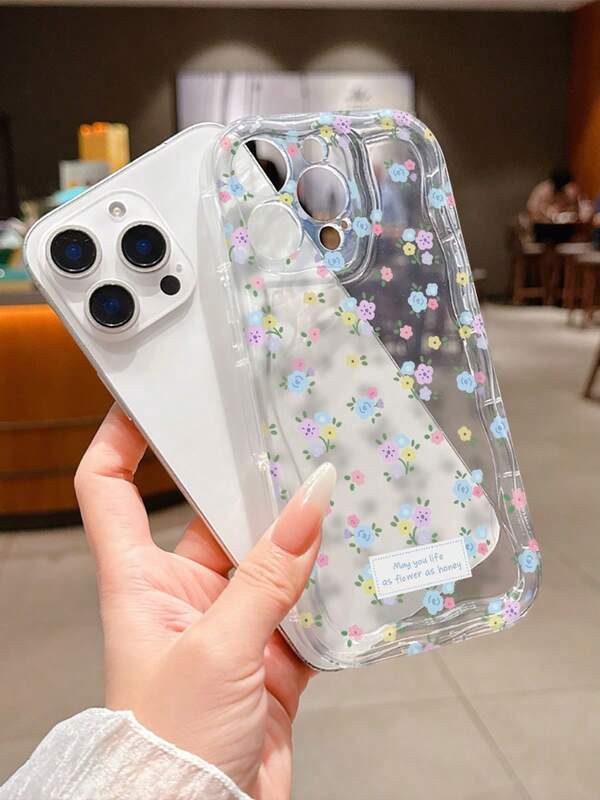 1个蓝色花卉图案，米白色透明防摔手机壳，TPU材质，适合作为节日礼物，兼容苹果Xs/Xsmax/Xr/11/12/13/14/15/16pro/Promax/14/15/16plus/17，男女通用