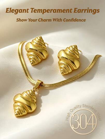 A Set Of Gold-Plated Stainless Steel Jewelry Collection, A Summer Bohemian-Style Women's Jewelry Set, Including A Conch Pendant Necklace And Conch Earrings. Irregular Geometric Texture Design, Suitable For Various Party Occasions - 18K Gold-Coated Non-Aging Stainless Steel Earrings