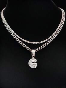 Bộ 2 món: 1 mặt dây chuyền chữ cái đính đá Cubic Zirconia & 2 dây chuyền thép không gỉ, 26 chữ cái tiếng Anh, Dây chuyền mặt dây chuyền phong cách hip hop cổ điển dành cho nữ, Thích hợp đeo hàng ngày hoặc dự tiệc, Quà tặng ngày Valentine - Bạc - Xem 31
