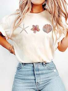 Camiseta casual de verano de mujer con cuello redondo y manga corta, estampado de conchas enPure-Cotton - Albaricoque - Ver 1