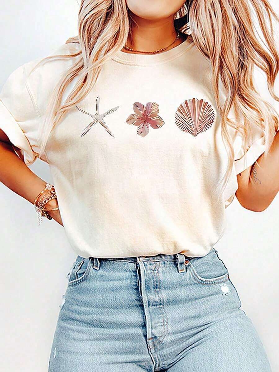 Camiseta casual de verano de mujer con cuello redondo y manga corta, estampado de conchas enPure-Cotton - Albaricoque - Ver 1