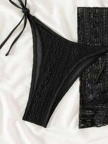 Conjunto de bikini de 3 piezas con tapa de falda, estilo de vacaciones en la playa, para mujer, con bikini halter sin espalda y encaje sexy - Negro - Ver 8