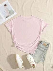 Limited Time Offer, Limited Quantity Available, Lightning, Women's Shirts, Women's T-Shirts. Pink Short-Sleeved T-Shirt With A Casual Summer Letter Print. - 淡粉紅色 - 查看 2