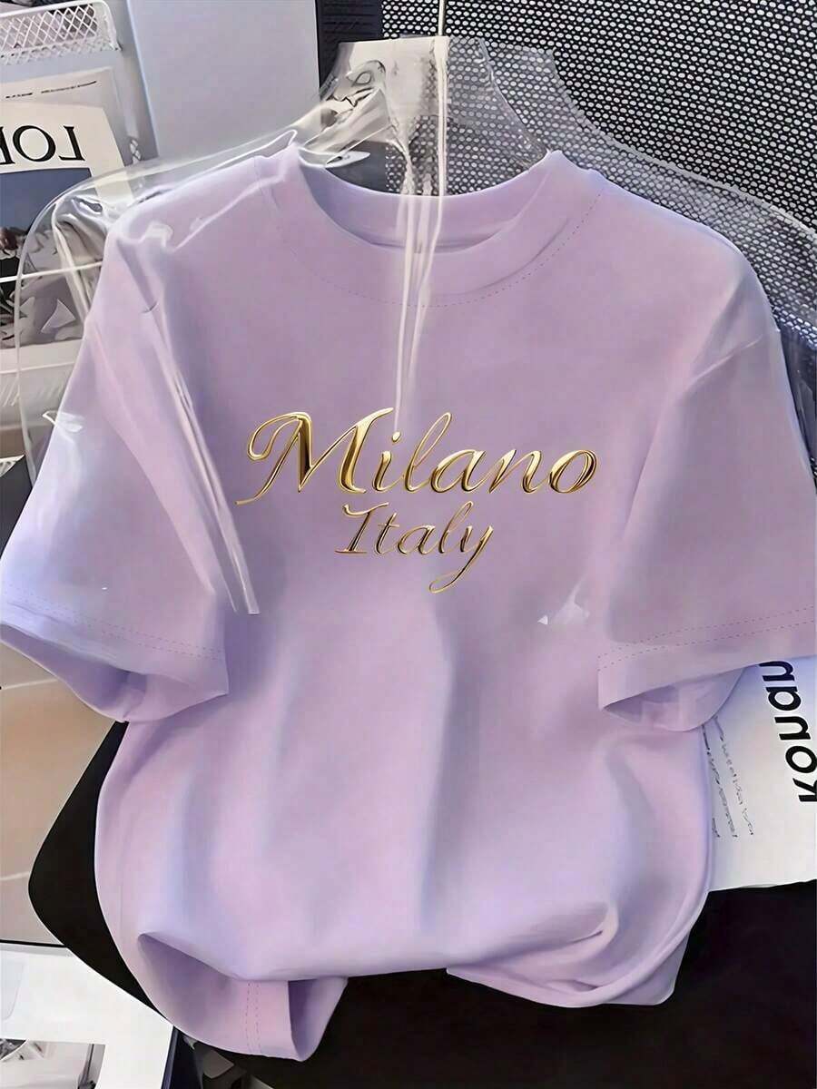 Limited Time Offer, Limited Quantity Available, Lightning, Women's Shirts, Women's T-Shirts. Pink Short-Sleeved T-Shirt With A Casual Summer Letter Print. - 淡紫色 - 查看 1