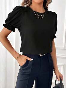 Blusa con mangas abullonadas, blusas de manga corta - Negro - Ver 3