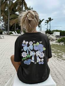 [Double-Sided Print] Women's Spring And Summer Top, Beach Fashion, Cool Style, Blueberry Print, Bow, Flowers And Hearts, Casual Short Sleeve Round Neck T-Shirt - 黑色 - 查看 3