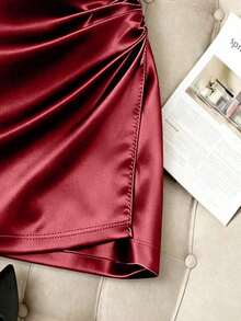 Falda asimétrica de satén de moda, cintura alta para primavera/verano, estilizante, ajustado, sexy, falda midi elegante para mujer, atuendo para la temporada de graduación, ropa casual de moda para ir al trabajo, ropa de oficina profesional, uso - Burdeos - Ver 6