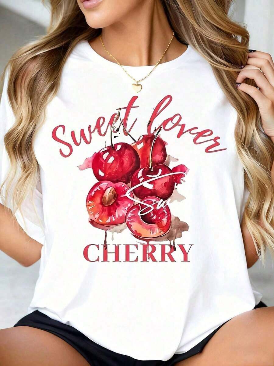Women's Black T-Shirt With Cherry Print - Cute Casual Summer T-Shirt With Cherry Design For Everyday Wear, Valentine's Day, Or A Date Night Outfit - 白色 - 查看 1