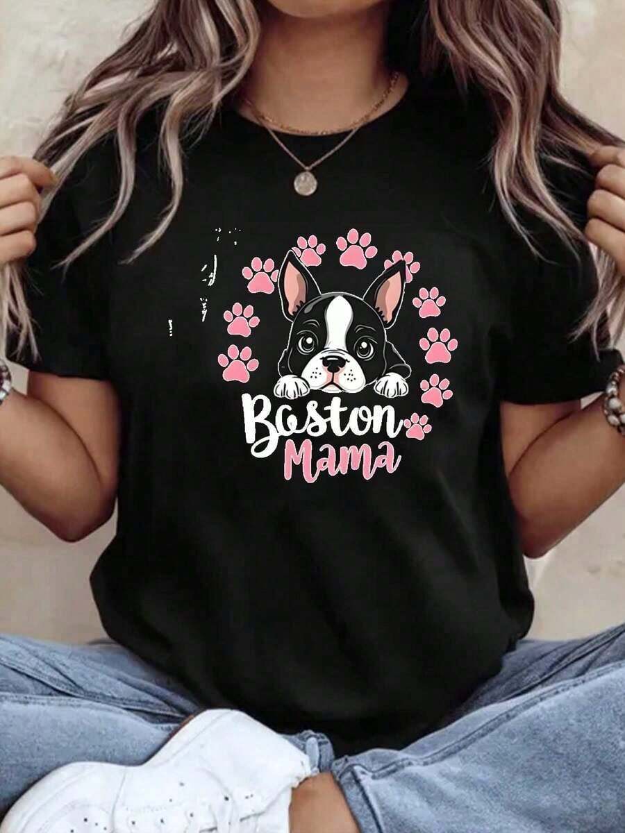 Casual Clothing GraphicWomen Short Sleeve Boston Terrier Dog Print T Shirt Cute Puppy Paw Pattern Casual Summer Top Comfortable Fabric Perfect Gift T-Shirt Blouses For Women>Shirt - 黑色 - 查看 1