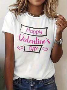 Soft 100% Cotton T-Shirt, Casual Short-Sleeved Crew Neck T-Shirt For Women, With Creative Valentine's Day Prints, Simple Design, Ideal For Outdoor Activities, Comfortable And Versatile, The Perfect Choice For A Birthday Gift, Also A Good Option For Family And Friends. Breathable Cotton T-Shirt, Goes With Everything. - 白色 2 - 查看 6