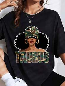 Oversized T-Shirt With Taurus Zodiac Sign Graphic, Fashionable Women's T-Shirt, Astrology Inspired Top, It's A Perfect T-Shirt To Give To Friends And Family On Any Holiday Or Special Occasion. - 黑色 - 查看 1
