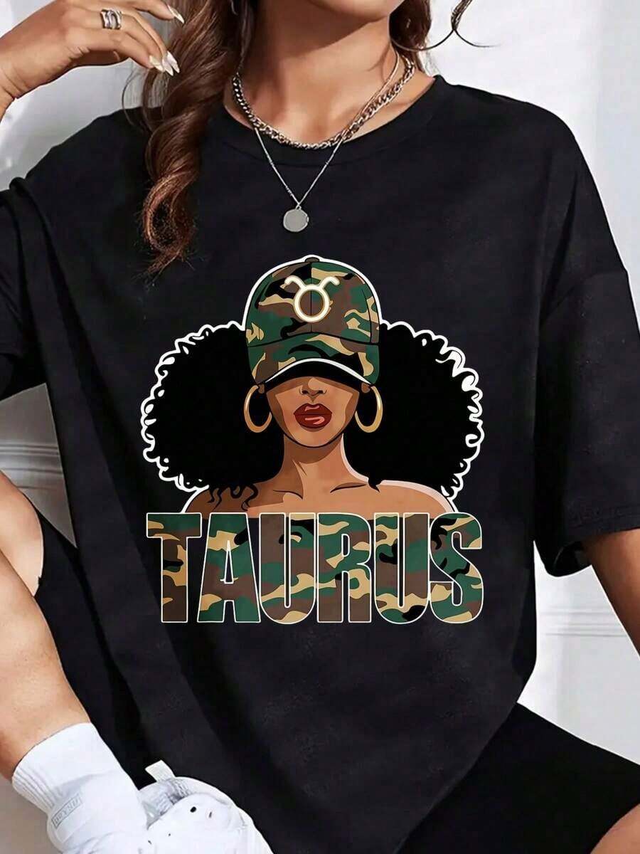 Oversized T-Shirt With Taurus Zodiac Sign Graphic, Fashionable Women's T-Shirt, Astrology Inspired Top, It's A Perfect T-Shirt To Give To Friends And Family On Any Holiday Or Special Occasion. - 黑色 - 查看 1