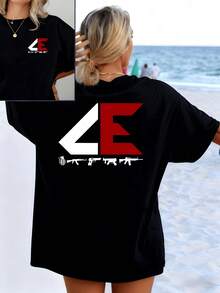 Symbols That Evoke Strength And Contrast Between Red Energy And Dark Serenity Forming Bold Letters Accompanied By Figures That Represent Power And Determination. Women's T-Shirt With Modern And Comfortable Double Print For Casual Wear - 黑色 - 查看 1