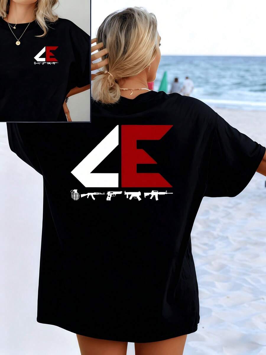 Symbols That Evoke Strength And Contrast Between Red Energy And Dark Serenity Forming Bold Letters Accompanied By Figures That Represent Power And Determination. Women's T-Shirt With Modern And Comfortable Double Print For Casual Wear - 黑色 - 查看 1