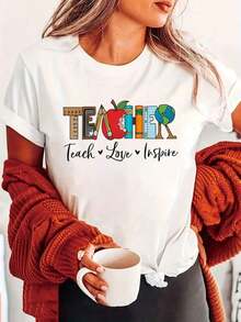 1 Piece Women's Casual Sports T-Shirt With Teacher Element Print, Short Sleeve, Round Neck, Comfortable For Summer, 180g 100% Cotton - 白色 - 查看 1