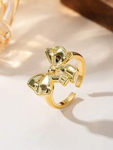 Fashionable & Elegant Bow Tie Open Ring, Suitable For Daily Wear, Dating, And Gift Giving - Gold - View 2