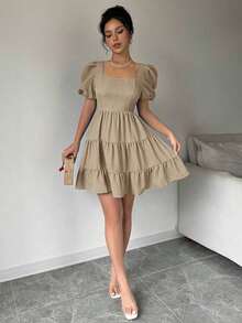 Vestido de verano, primavera y playa, elegante y romántico, para conciertos, estilo bohemio con mangas abultadas, espalda descubierta, lazo, para vacaciones, tiempo libre y viajes, con volantes en el bajo, color caqui, nuevo modelo 2025 - Caqui - Ver 6