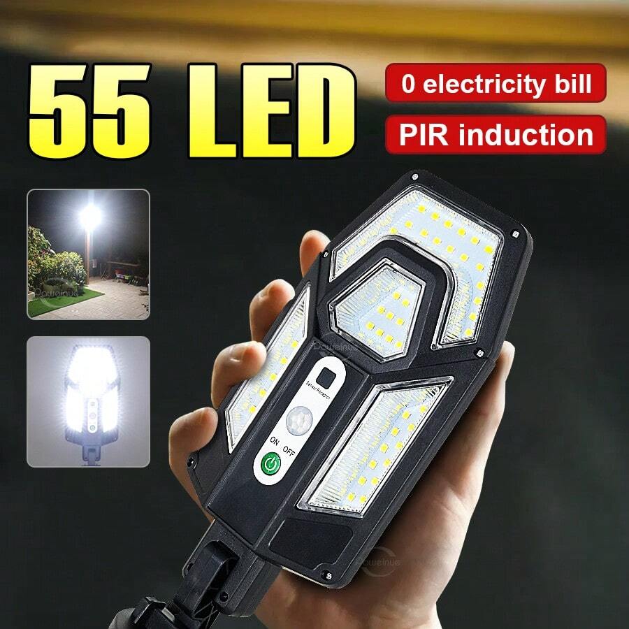 1個 3合1 光控、感應、遙控太陽能燈，55LED 內建充電電池，IP65 防水，適用於庭院、花園、道路