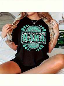 Women's Plus Size 'MAMA' Graphic Tee, Denim Style - Red, Short Sleeve, Crew Neck, Teal Print, Non-See-Through, Machine Washable, Blouse For Ranch Outfits And Mother's Day Gifts ('Mama' Design) - 黑色 - 查看 1