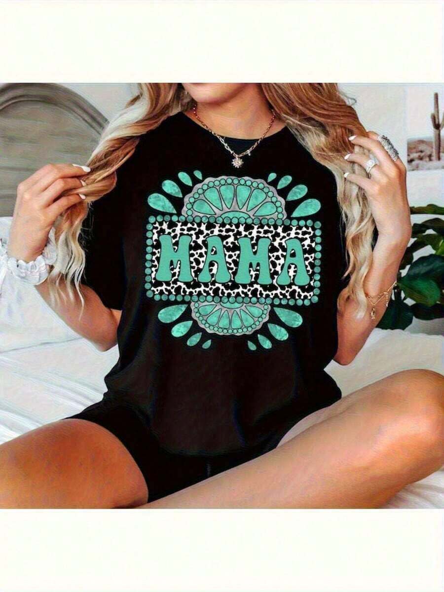 Women's Plus Size 'MAMA' Graphic Tee, Denim Style - Red, Short Sleeve, Crew Neck, Teal Print, Non-See-Through, Machine Washable, Blouse For Ranch Outfits And Mother's Day Gifts ('Mama' Design) - 黑色 - 查看 1