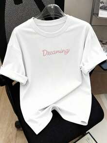 "Dreaming" Camiseta Casual de Manga Corta con Cuello Redondo y Bordado, Top Rosa para Mujer - Blanco - Ver 3